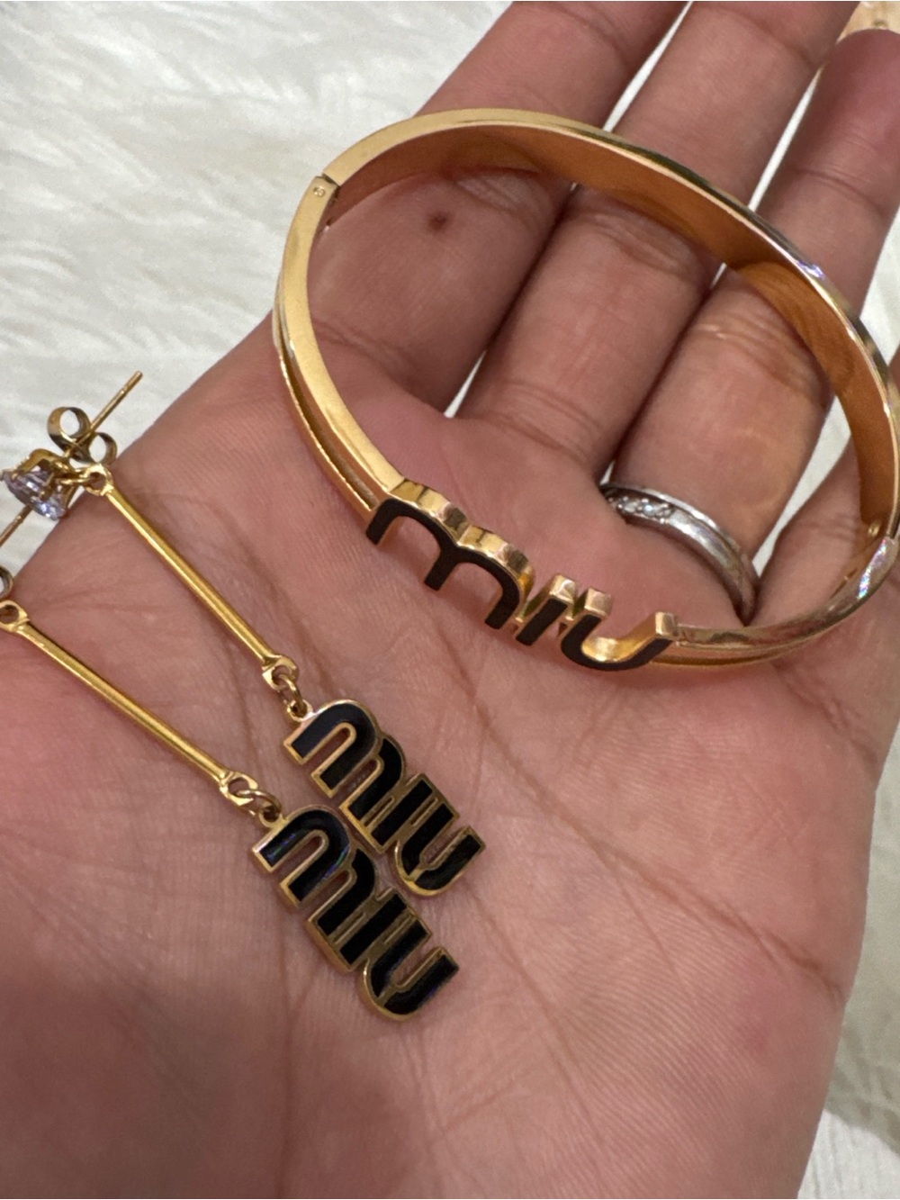 Gold Logo Cuff Bracelet and Drop Earrings - Black Accents